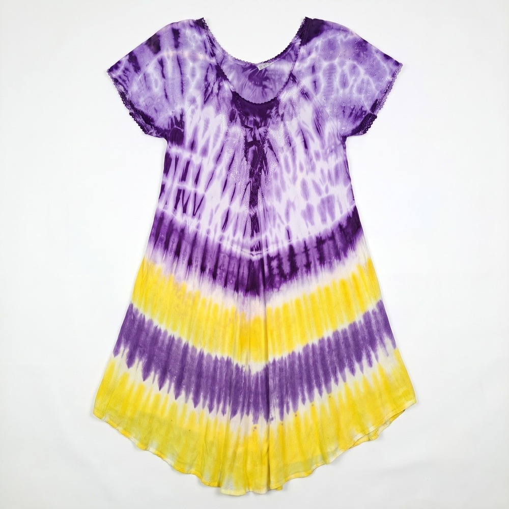 Batik Tie Dye Tunic Dress Women Purple Yellow Boho Embroidered Hippie Gorpcore - Picture 2 of 11